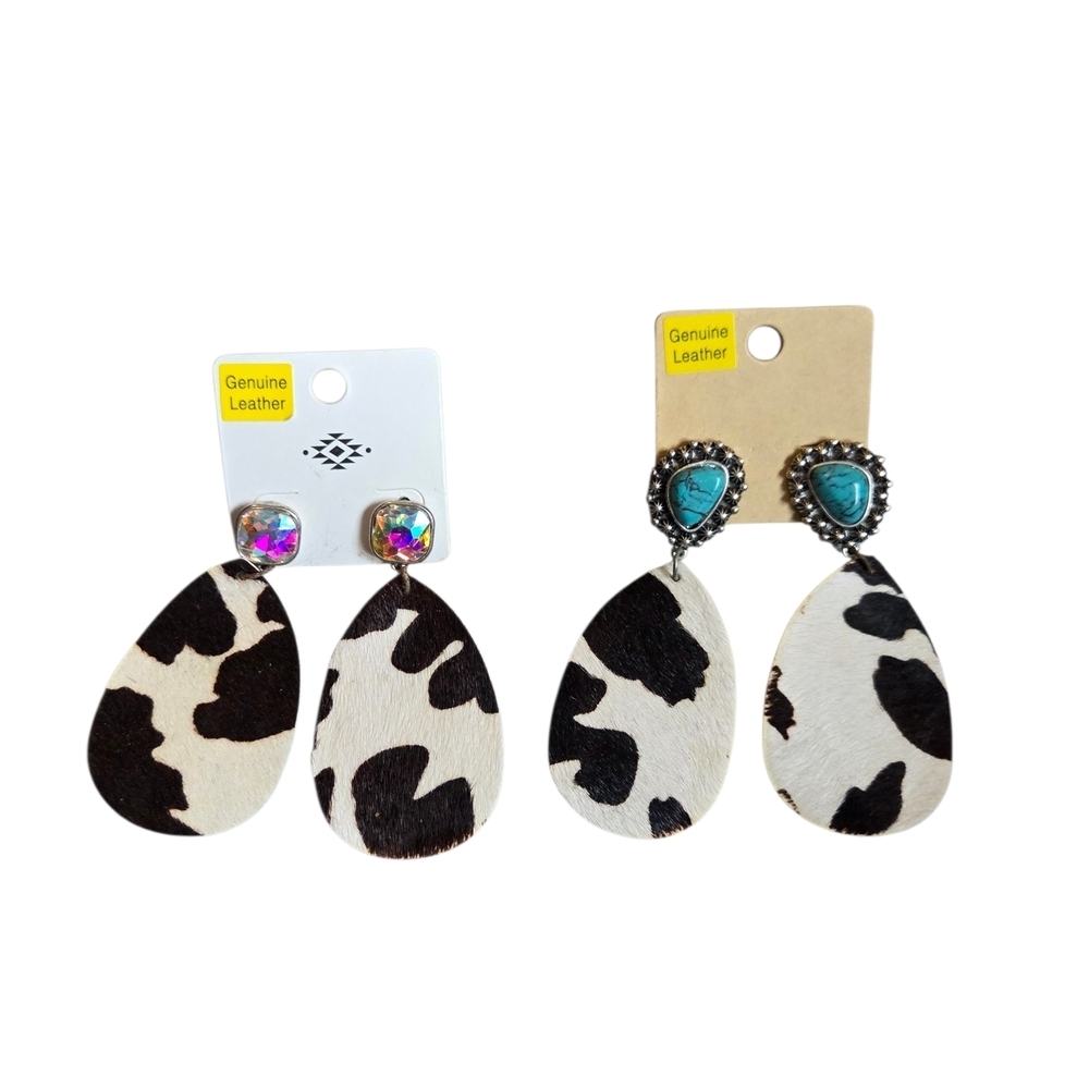 Western Cowgirl Rodeo Cow Print Leather Faux Turquoise Teardrop Earrings Bundle